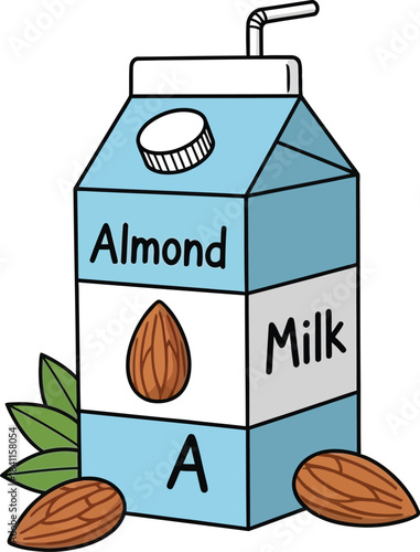 Almond milk carton with almonds. Vector illustration
