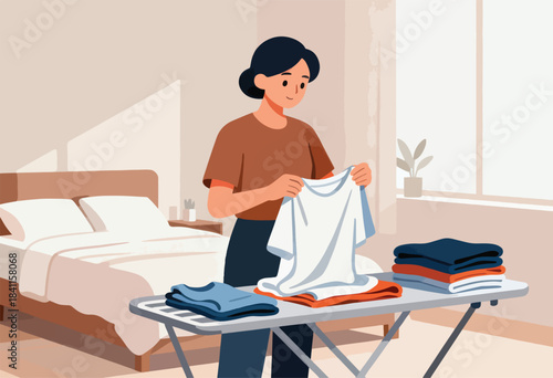 A woman folds a white shirt on an ironing board with folded clothes and a bed in the background