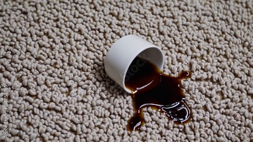 Coffee spills on carpet while someone rushes to clean it up in a busy kitchen setting