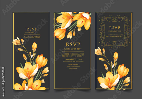 Elegant wedding invitation card background vector. Minimal hand draw botanical flowers and butterfly template background. Design illustration for wedding, vip cover, poster, rsvp modern card.

