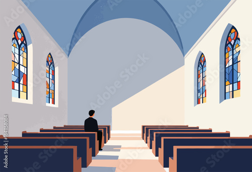 An illustration of a person alone in a church. Light streams through stained glass windows. Simple, abstract