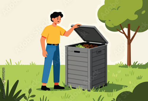 An illustration depicting a person opening a composting bin in a green yard. A tree is near