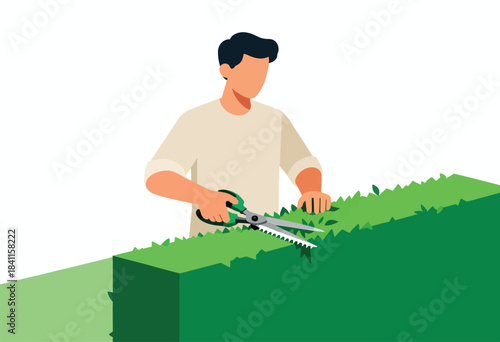 A person, faceless, trims a green hedge with large shears, graphic style, flat design