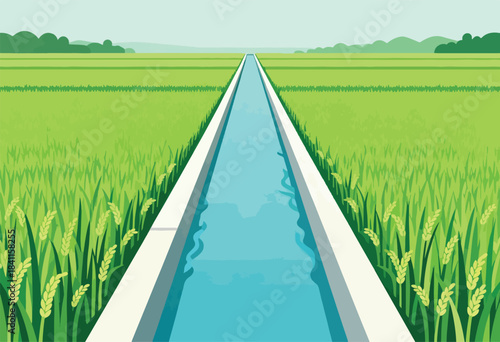 A tranquil landscape shows a waterway cutting through fields of green crops with hills in the background