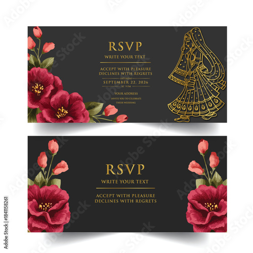 Elegant wedding invitation card background vector. Minimal hand draw botanical flowers and butterfly template background. Design illustration for wedding, vip cover, poster, rsvp modern card.

