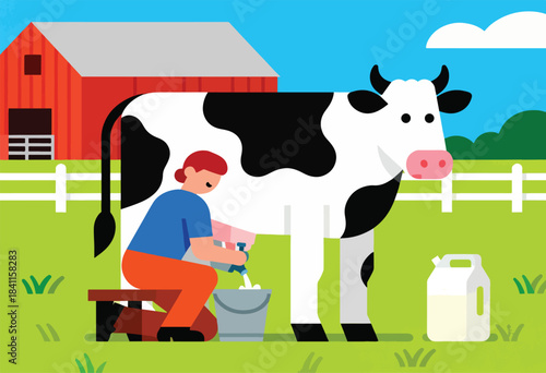 Vector illustration of a farmer milking a cow on a green field with a red barn in the background