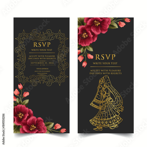 Elegant wedding invitation card background vector. Minimal hand draw botanical flowers and butterfly template background. Design illustration for wedding, vip cover, poster, rsvp modern card.

