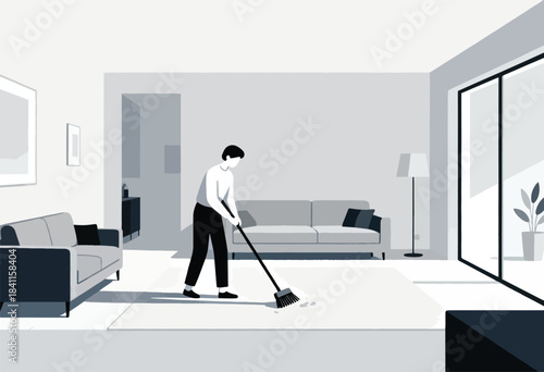 A monochromatic illustration depicts a person sweeping a rug in a modern living room