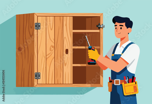 A carpenter uses a drill to fix a wooden cabinet on a wall; he wears gloves and tool belt