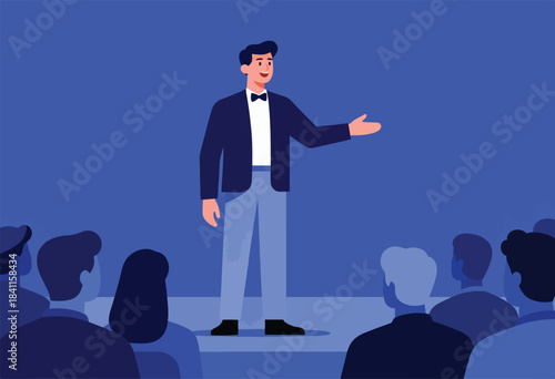 A speaker gestures to an audience, likely giving a presentation on a stage. Blue tones. Simple graphics