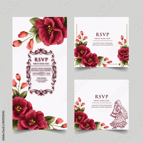 Elegant wedding invitation card background vector. Minimal hand draw botanical flowers and butterfly template background. Design illustration for wedding, vip cover, poster, rsvp modern card.

