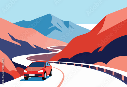 A red car drives on a winding road through colorful mountains towards a blue mountain. Clean graphic style