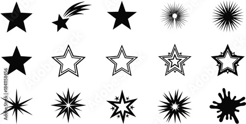 Collection of shooting star and static star icons in black and white, featuring various designs with trails and outlines, perfect for graphic design elements