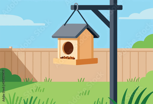 A simple, cartoon bird feeder hangs from a metal bar in a green yard with fence, clouds, and blue sky