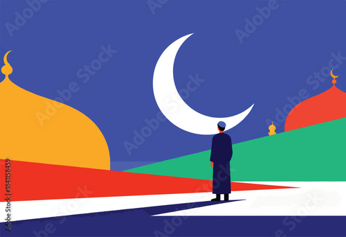 A person in a robe stands before a crescent moon in a stylized landscape with mosques