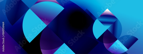 Abstract composition features overlapping circular shapes. Blue, purple hues create dynamic visual effect. Modern design.