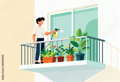 Illustration depicts a person watering plants on a balcony with a spray bottle, surrounded by potted flowers and greenery