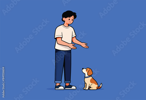 A cartoon shows a person standing and gesturing towards a small dog sitting. Both are facing each other on a blue background