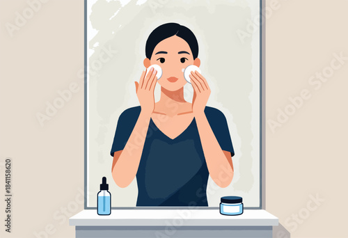 A woman in a dark shirt cleanses her face with cotton pads in front of a mirror, skincare products visible