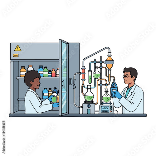 Illustration of two scientists working in a laboratory with various equipment and chemicals on a clean white background.