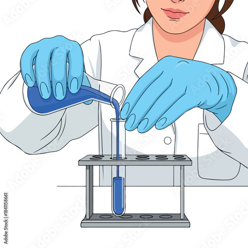 Illustration of a scientist pouring a blue liquid into a test tube with a rack on a white background.