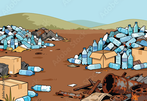 An illustration depicting a polluted landscape with discarded plastic bottles, waste, and barren hills
