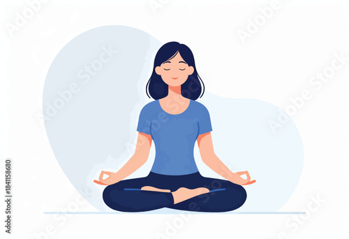 A serene woman in lotus pose, eyes closed, meditating against a blue backdrop, embodying peace and tranquility