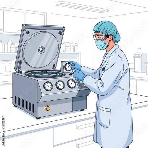 A scientist in a lab coat and protective gear operating a centrifuge in a laboratory setting with various equipment and shelves in the background.