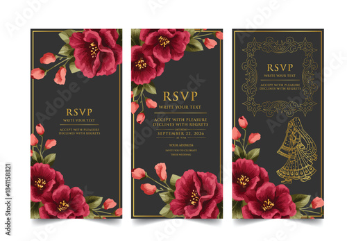 Elegant wedding invitation card background vector. Minimal hand draw botanical flowers and butterfly template background. Design illustration for wedding, vip cover, poster, rsvp modern card.

