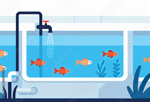 Flat illustration of a fish tank with fish, a tap running water, and some plants. Abstract style