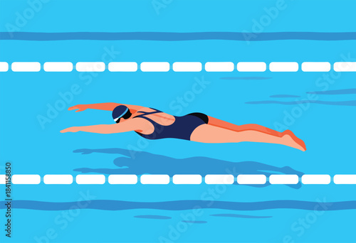 A swimmer in a navy suit, cap, and goggles glides through blue water with lane markers