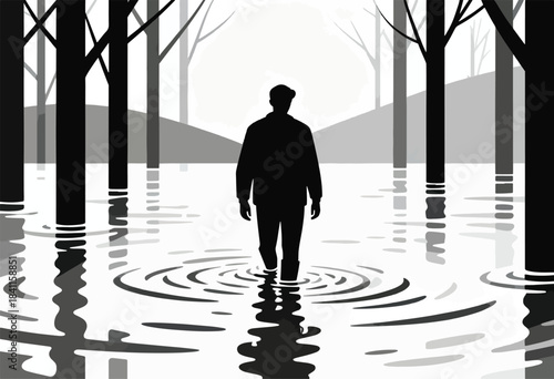A lone silhouette walks through water, rippling around the figure, amongst trees and a muted landscape