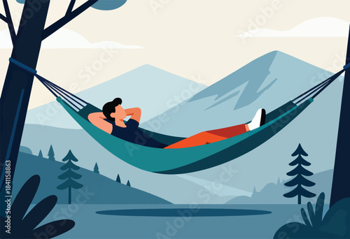 Illustration of a person relaxing in a hammock between trees in a serene landscape.  Mountains, clouds