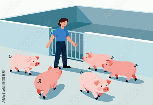 A person stands near a pen with 5 cartoon pigs. The pen is made of light blue walls and a metal gate