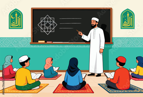 An Islamic teacher points to a geometric diagram on a chalkboard as students sit on rugs reading. Decorations frame the scene