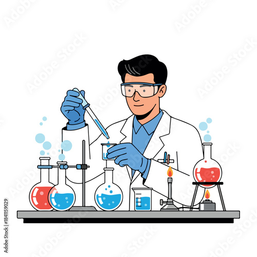 Illustration of a scientist in a lab coat working with colorful chemicals and equipment on a laboratory table against a clean white background.