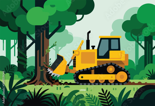 A yellow bulldozer with a blade is clearing a tree in a lush green forest setting