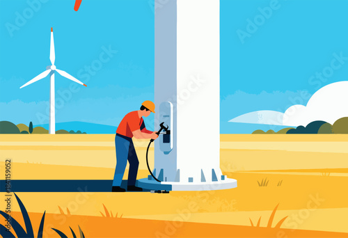 A worker in a hardhat repairs equipment at the base of a wind turbine on a sunny day