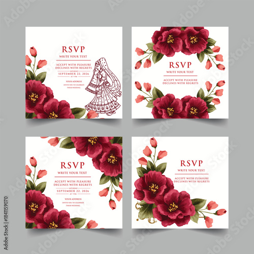 Elegant wedding invitation card background vector. Minimal hand draw botanical flowers and butterfly template background. Design illustration for wedding, vip cover, poster, rsvp modern card.

