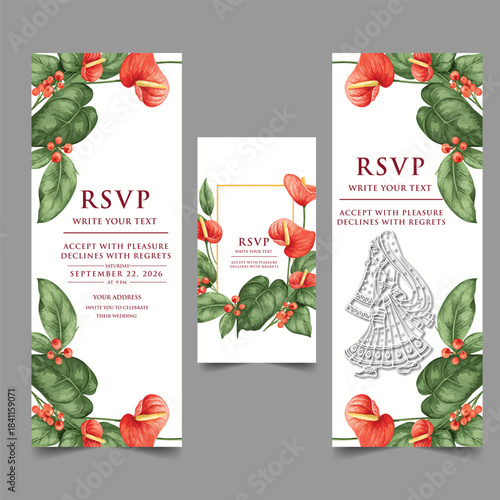 Elegant wedding invitation card background vector. Minimal hand draw botanical flowers and butterfly template background. Design illustration for wedding, vip cover, poster, rsvp modern card.

