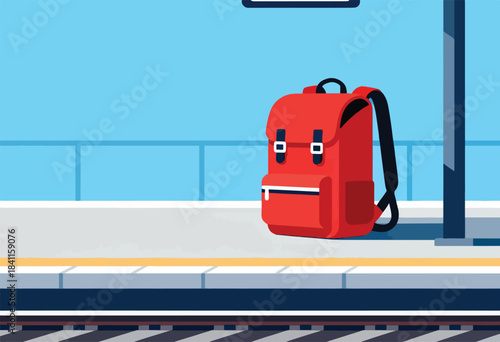 A bright red backpack sits alone on a train platform. The illustration is minimalist and flat