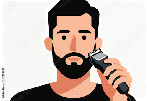 Illustration of a man trimming his beard with an electric trimmer. He has black hair and a beard