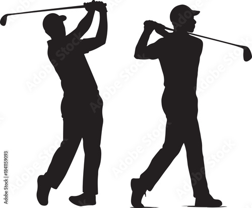 Two silhouetted golfers in mid swing on a white background