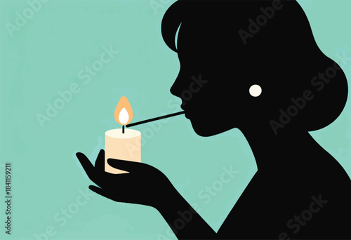 Silhouette of a woman lighting a candle; the flame is alight, against a teal background