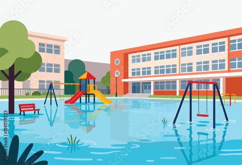 A flooded playground with buildings, trees, and play equipment, reflecting in the water