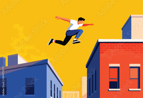An illustration shows a person leaping between buildings in an urban setting against a yellow background