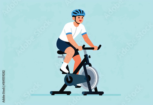 An illustration shows a person cycling on a stationary bike, with a helmet, exercising on a light blue background