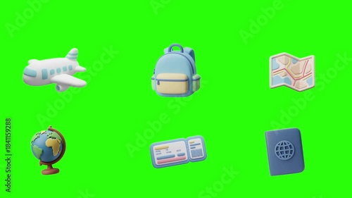 3D claymation travel icons featuring passport, boarding pass, map, airplane, travel backpack, and globe with soft rounded shapes and clean white background.