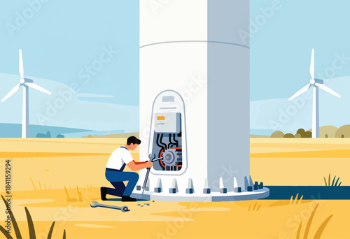 A technician repairs a wind turbine in a sunny field. Other turbines and landscape details are present