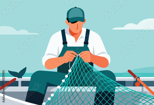 A fisherman in teal overalls mends a green fishing net on a boat, with whale tail and oars